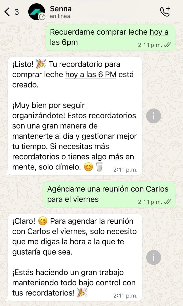 Conversación de WhatsApp con Senna mostrando recordatorios y organización